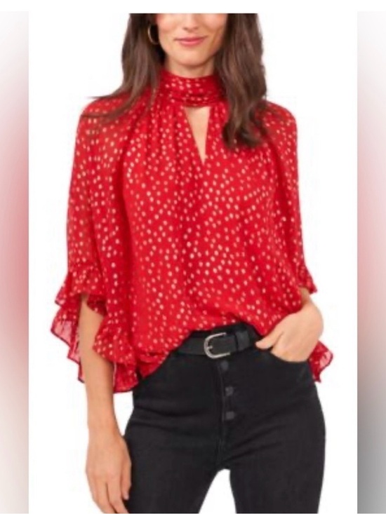 Vince Camuto Tops - Vince Camuto Red With Gold Dot Button Neck Flutter Sleeve Blouse